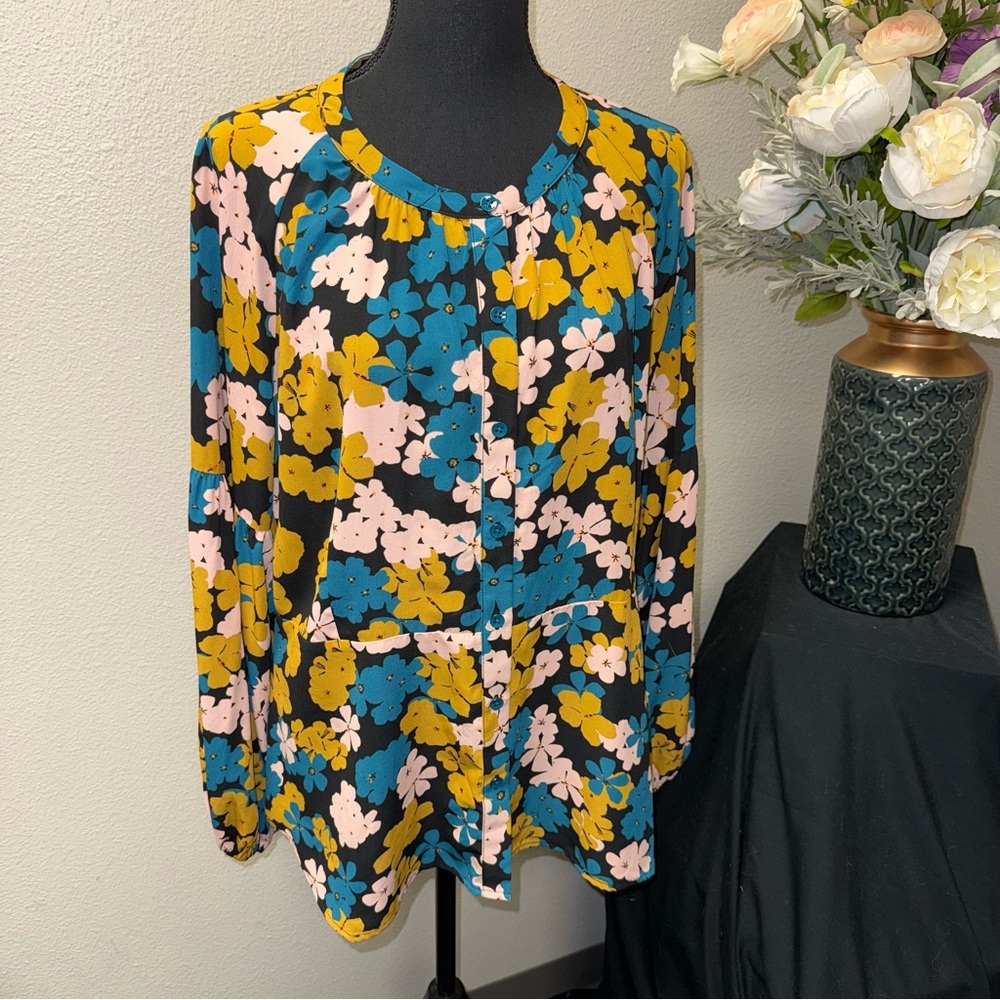 CAbi Floral Button Front Tunic Blouse Teal Yellow Pink Long Sleeve L